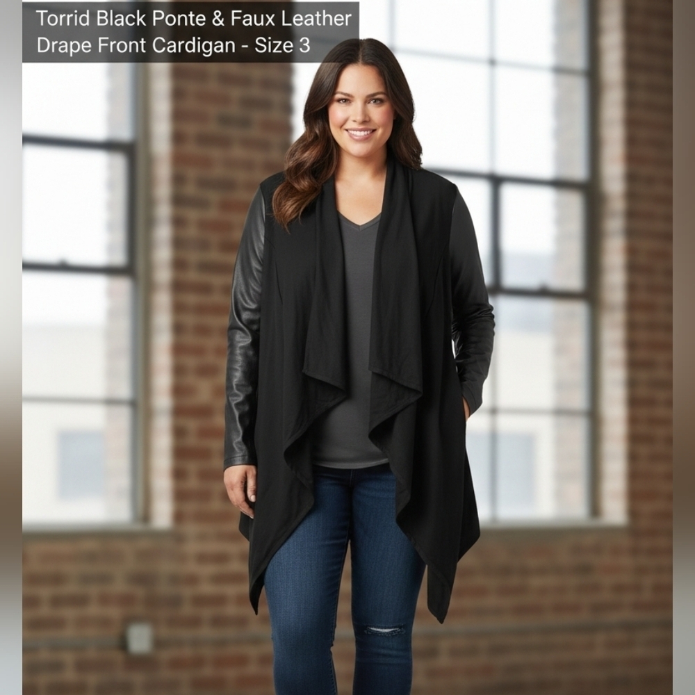 Torrid Black Ponte & Faux Leather Sleeve Drape Front Cardigan Blazer - Size 3